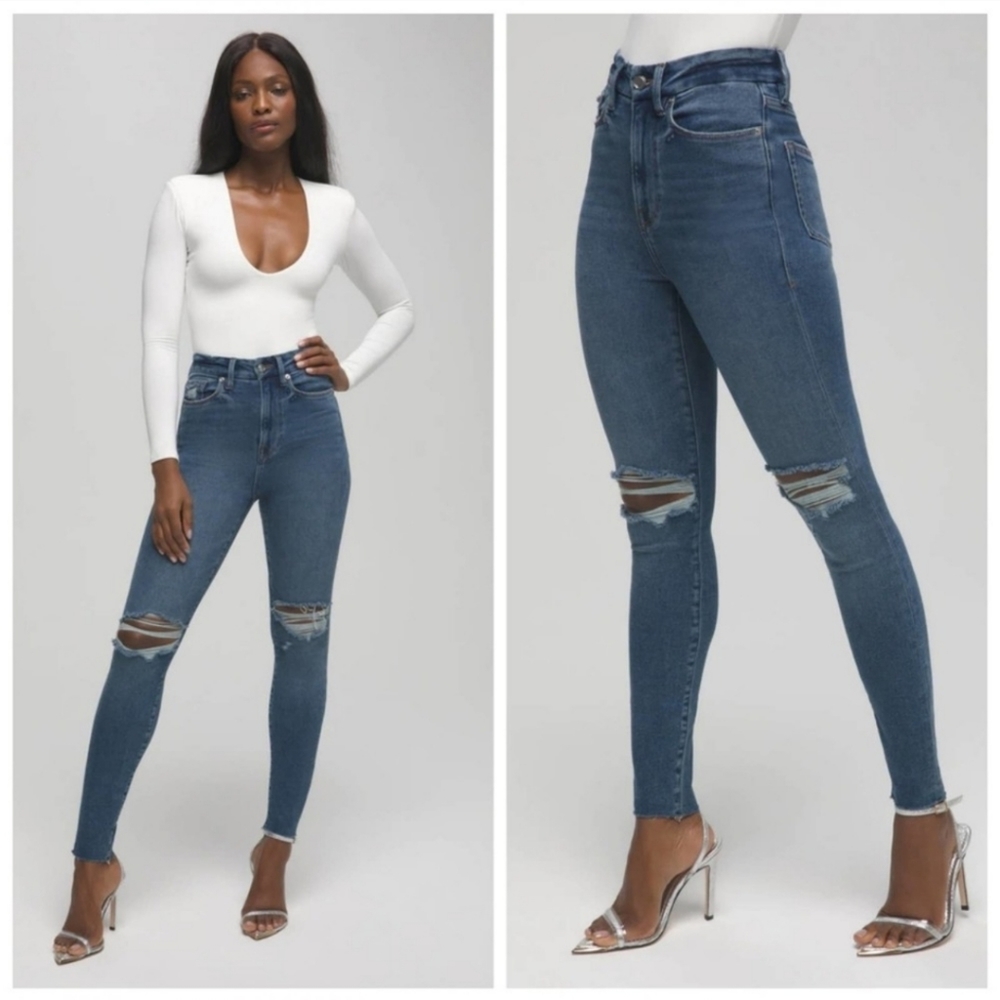 GOOD AMERICAN Good Waist Crop Skinny Jeans distressed High Rise‎ Blue Size 10 30